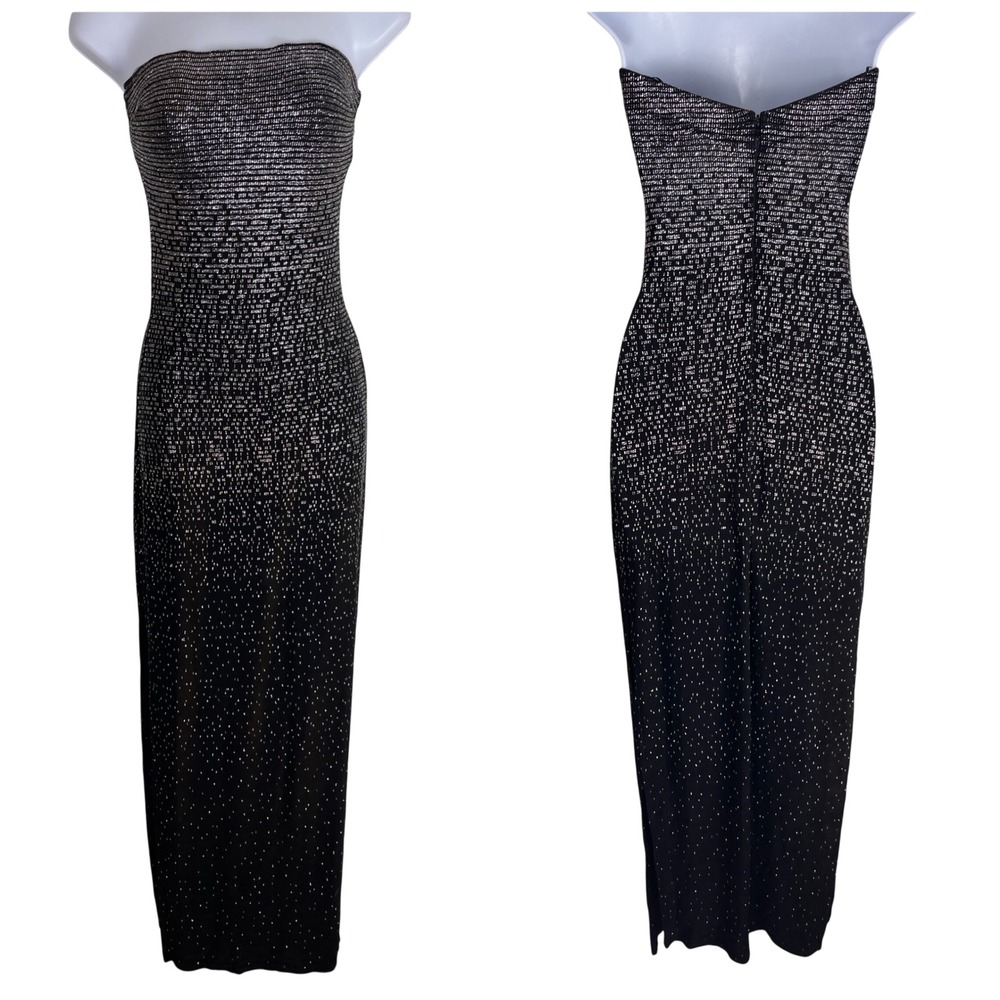 Vintage Y2K Strapless Maxi Dress Small Black Glitter Formal Bodycon Slit Stretch